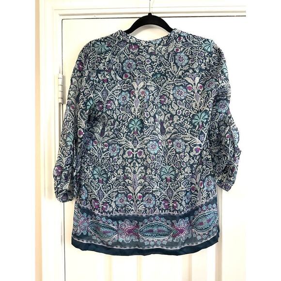 MASSIMO DUTTI Blue Purple Floral Print Tab-Sleeve Top Blouse Semi-Sheer - Sz 4 - Picture 4 of 5